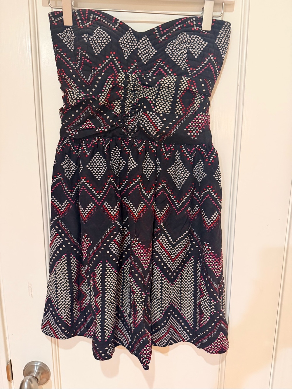 Parker 100% Silk Black Strapless Polka Dot Chevron Dress with Pink Accents